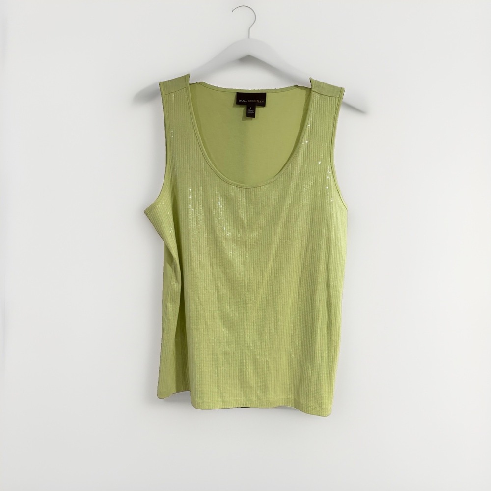 Dana Buchman womens tank tee shirt top green sequins STRETCH LARGE EUC W93